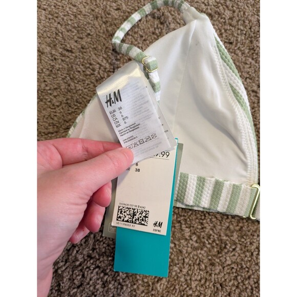 H&M Bikini Top 6 Women's Green White Striped Padded Triangle Swim Beach Cruise - Picture 4 of 6
